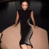 571138931 White contrast zebra print half-high collar sleeveless bandage dress