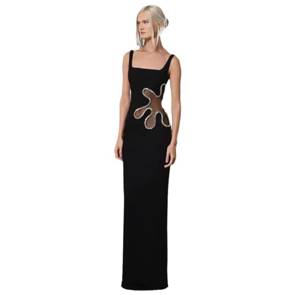 Black mesh diamond long sleeveless square neck high-end dress