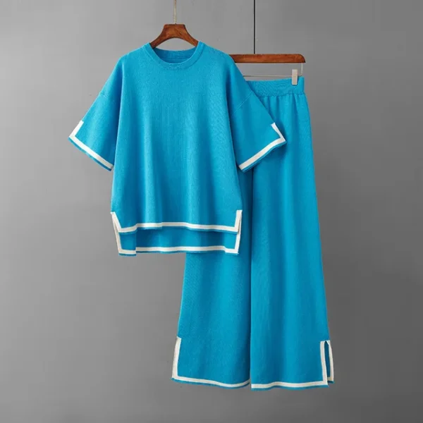O-neck Short Sleeve Loose Sweater Casual Tops High Waist Pant 2 Piece Set