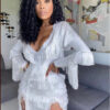 Temperament White Sexy V-Neck Fringed Long Sleeve Bandage Dress