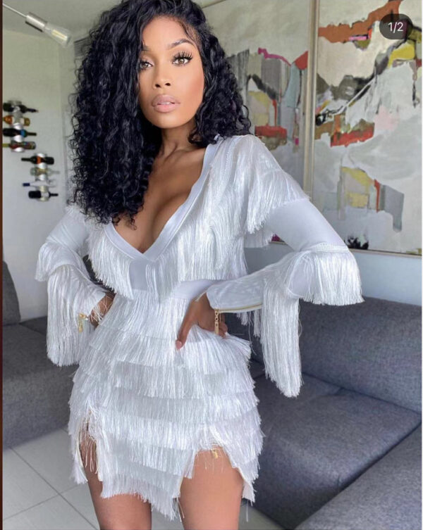 Temperament White Sexy V-Neck Fringed Long Sleeve Bandage Dress