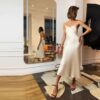Women Satin Deep V Neck Sexy Dress Solid Straight Pajamas Party Dress
