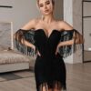 V-neck suspender shoulder length open back tassel elegant temperament bandage dress