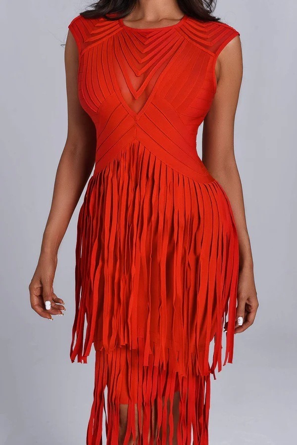 Backless fringe dress red sleeveless luxury bandage skirt hip-covering skirt