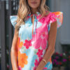 Multicolour Vibrant Flower Printed Tie V Neck Ruffle Trim Sleeveless Blouse