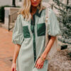 Green Patch Pockets Button Down Short Puff Sleeve Dress