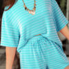 Rose Stripe Raised Rib Loose Tee Drawstring Elastic Waist 2pcs Short Set