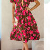 Green Floral Print Striped Trim Split Neck Short Puff Sleeve Ruffle Hem Maxi Dress