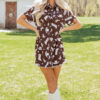 Brown Cowgirl Hats Boots Cactus Print Raw Edge Button Down Short Denim Dress