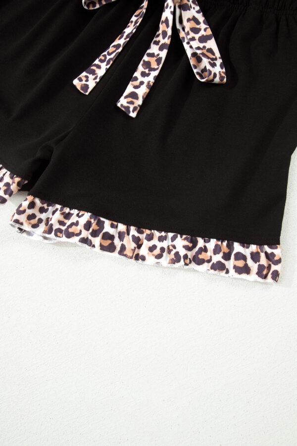 Black Leopard Patchwork Trim Lapel Shirt Drawstring Shorts 2pcs Pajama Set