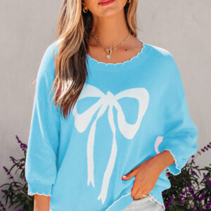 Light Blue Big Ribbon Bow Print Contrast Stitch Trim Drop Shoulder Sweater