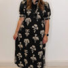 Black Floral Print Frilled Collar Short Puff Sleeve Maxi Dress