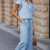 Apricot Textured Ruffled Sleeve Zipped Top and Wide Leg Pants Set