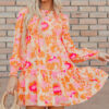 Orange Abstract Print Smocked Lantern Sleeve Ruffle Mini Dress