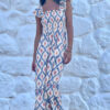 Sky Blue Ethnic Geometric Print Square Neck Smocked High Waist Ruffle Sleeve Dress