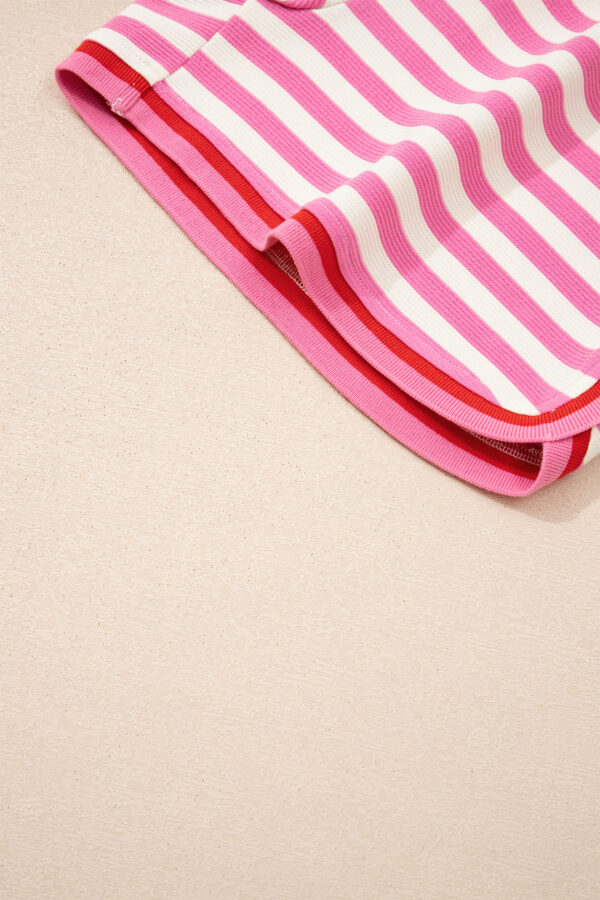 Pink Stripe Contrast Trim Short Sleeve Top Loose Shorts 2pcs Casual Outfit