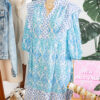 Sky Blue Boho Floral Geometric Patchwork Ruffle Detail Puff Sleeve Mini Dress
