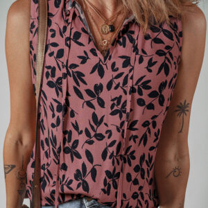 Brown Leaf Print Lace-up V Neck Crinckled Tank Top