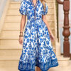 Sky Blue Floral Puff Short Sleeve V Neck High Waist Maxi Dress