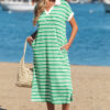 Green Stripe Collared V Neck Short Sleeve T Shirt Midi Dress with Pockets