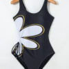 Black Drawstring Big Hole Floral Print Sleeveless One Piece Swimsuit