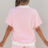 Pink Stripe Cuffed Sleeve Contrast Mock Neck Tee Casual 2pcs Short Set
