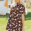 Brown Cowgirl Hats Boots Cactus Print Raw Edge Button Down Short Denim Dress