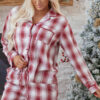 Red Retro Plaid Long Sleeve Shirt Drawstring Shorts 2pcs Lounge Set
