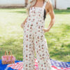 Beige Western Printed Button Adjustable Straps Loose Jumpsuit Dungarees
