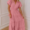 Clearly Aqua Solid Color V Neck Short Puff Sleeve High Waist Tiered Maxi Dress