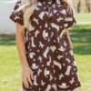 Brown Cowgirl Hats Boots Cactus Print Raw Edge Button Down Short Denim Dress