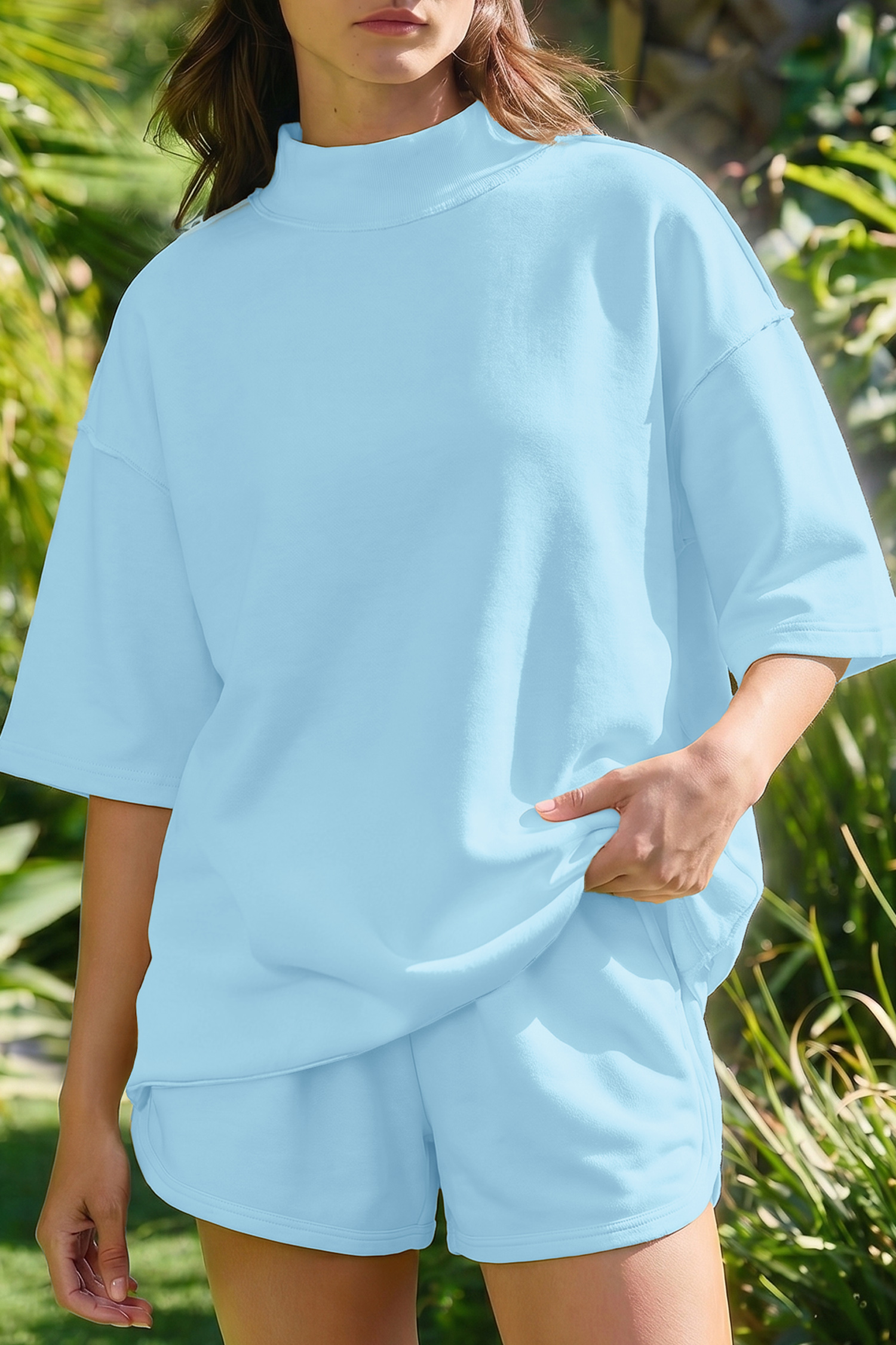 mist-blue-solid-color-exposed-seam-mock-neck-oversize-tee-casual-shorts-2pcs-outfit-lc629151-p204