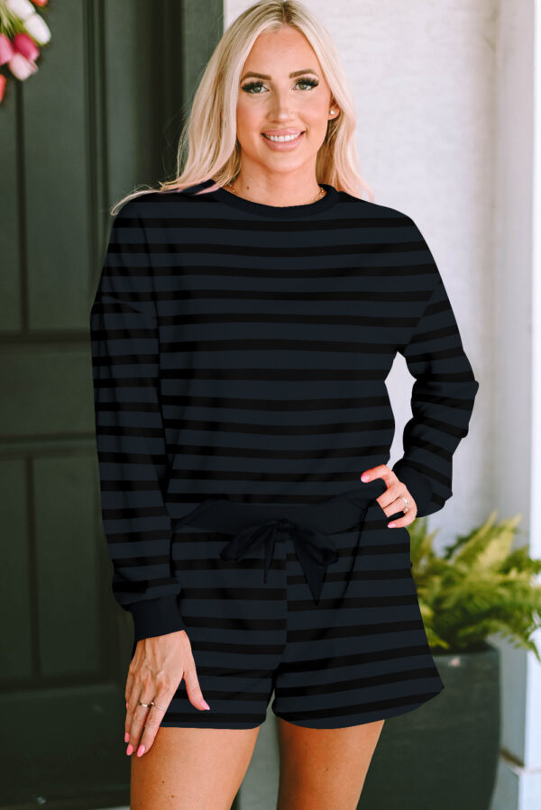 101729624-a8af2cac146c02e4.jpg Gray Printed Stripe Long Sleeve Satin Tie Shorts Two Piece Set