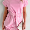 Bonbon Cuffed Short Sleeve Mix Fabric Patchwork Drawstring Mini Dress