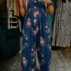 Blue Beau Floral Print Pleated High Waist Wide Leg Denim Jumpsuit