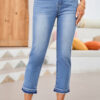Dark Blue Whiskered Wash Raw Hem Cropped Jeans