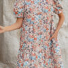 Apricot Bohemian Floral Print Short Puff Sleeve Mini Dress