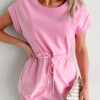 101803071-ac01df56d2d157f3.jpg Bonbon Cuffed Short Sleeve Mix Fabric Patchwork Drawstring Mini Dress
