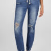 Dark Blue Elastic Waist Straight Leg Destroyed Raw Hem Jeans