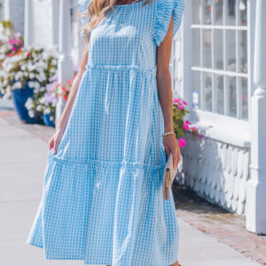 Sky Blue Knot Back Ruffled Short Sleeve Gingham Maxi Dress