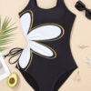 Black Drawstring Big Hole Floral Print Sleeveless One Piece Swimsuit