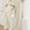 Beige Solid Color Textured Elastic Waist Wide Leg Pants