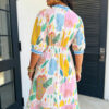 Multicolour Floral Doodle Print Striped Trim V Neck Midi Dress