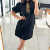 Black Leopard Patchwork Zip Collared Short Puff Sleeve Shift Mini Dress
