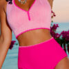 Navy Blue Shell Stitched Trim V Neck Textured Mix and Match High Waist Bikinis