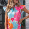 Multicolour Vibrant Flower Printed Tie V Neck Ruffle Trim Sleeveless Blouse