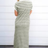 Green Stripe Collared V Neck Short Sleeve T Shirt Midi Dress with Pockets