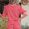 Pink Stripe Puff Short Sleeve T Shirt Matching Shorts Set