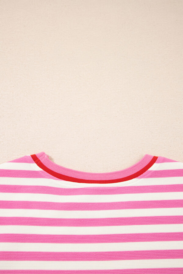 Pink Stripe Contrast Trim Short Sleeve Top Loose Shorts 2pcs Casual Outfit