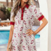 Red Geometric Floral Print Lace Trim Collared Short Sleeve Mini Dress